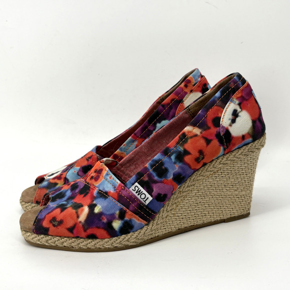 Toms Wedge Espadrilles Womens 8.5 Floral Open Toe Summer Party Poppy - Picture 1 of 9